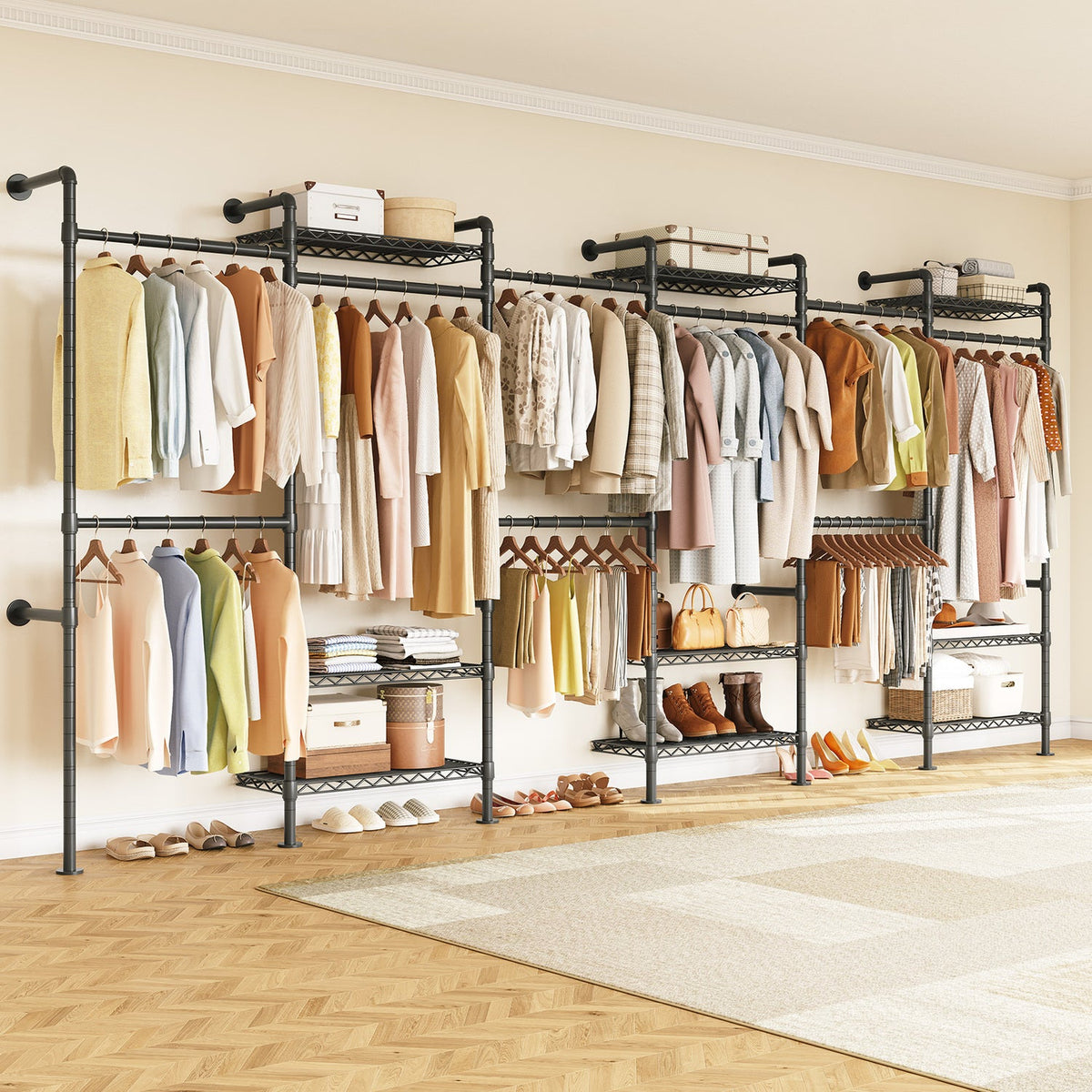 Wall Mounted Closet System with 6 Rods and 9 Shelves
