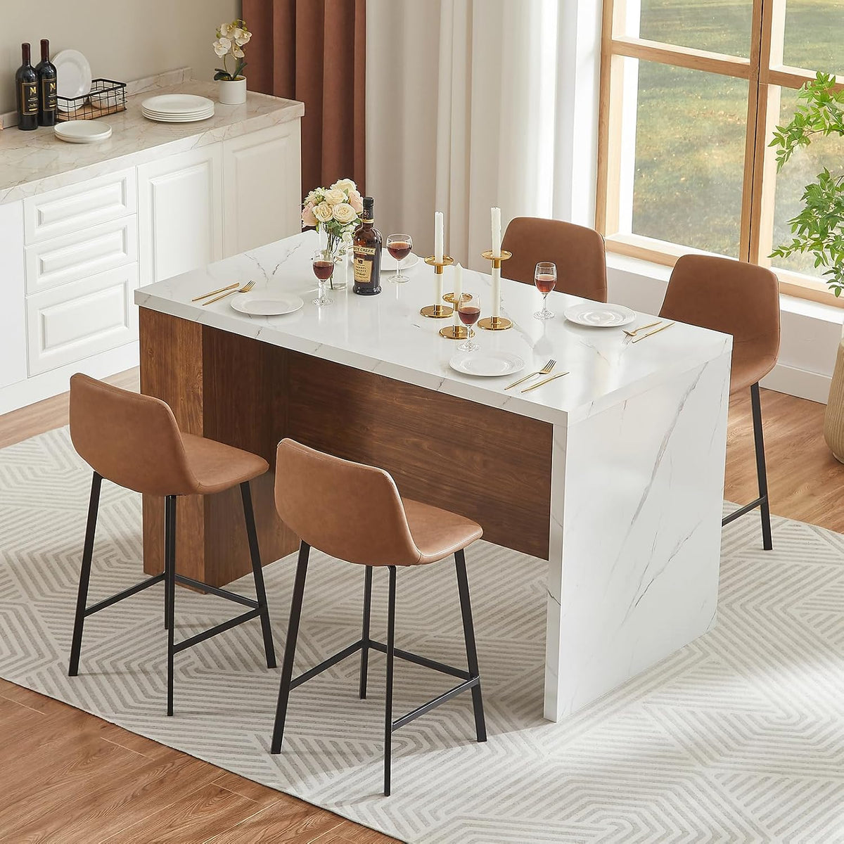 Kitchen Island Table with Faux Marble Top and LED Lights