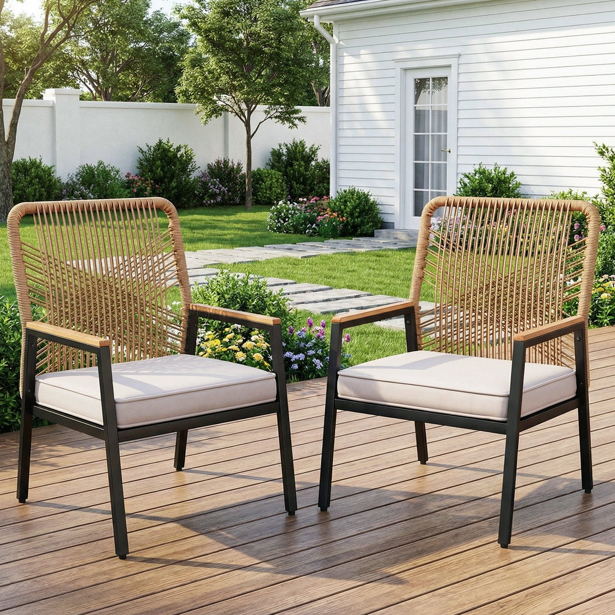 Outdoor PE Rattan Patio Chairs with Cushions, Set of 2-8