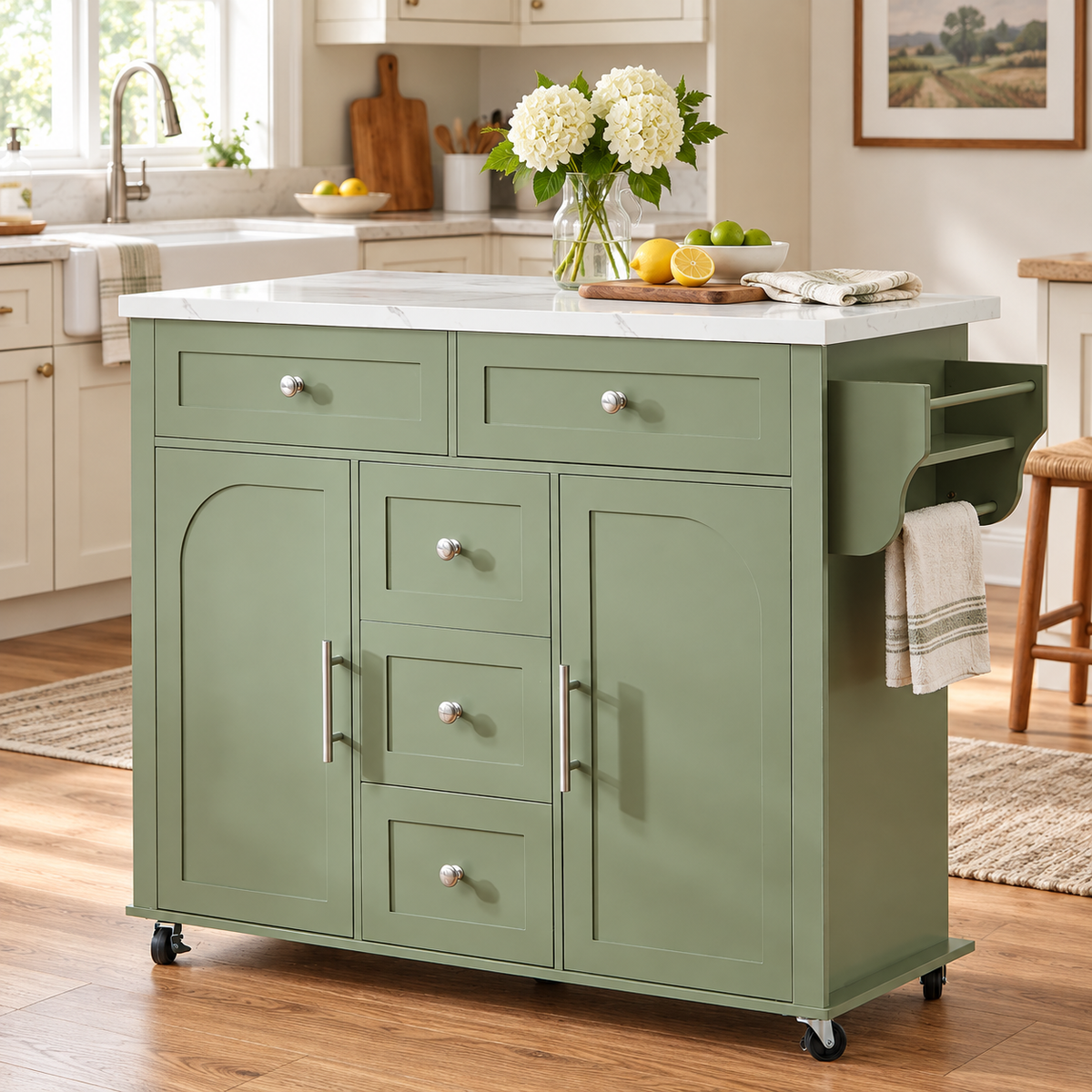 47 Inch Rolling Kitchen Island with Drop Leaf