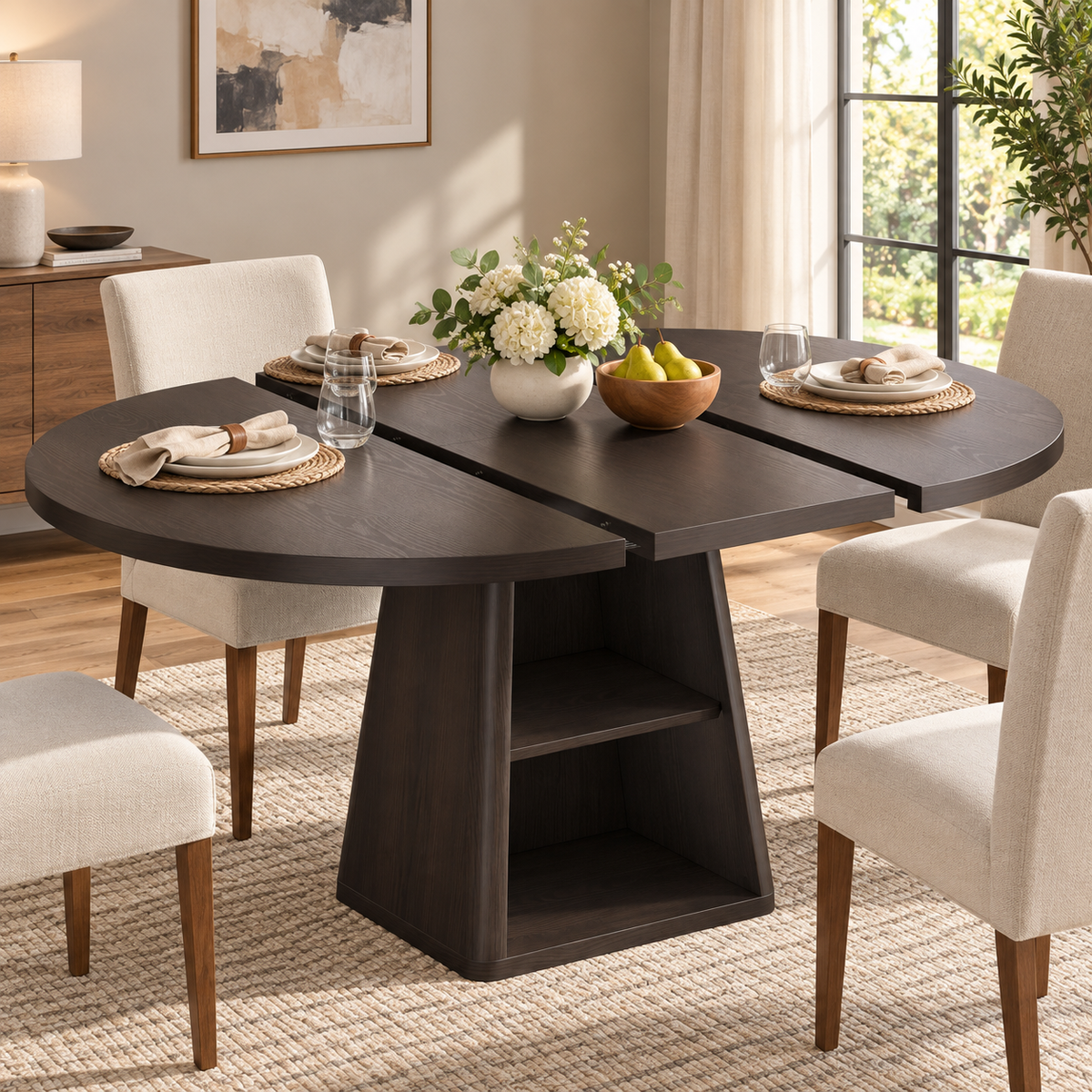 43-59 Inch Extendable Oval Dining Table with Storage