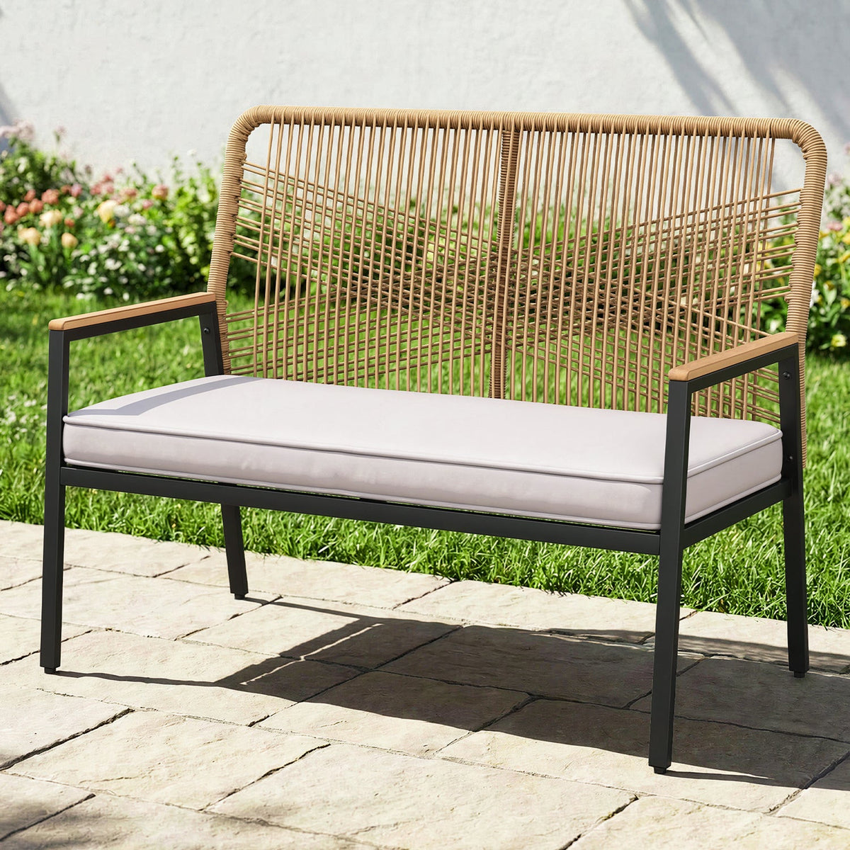 2-Person Outdoor Rattan Patio Bench with Cushion