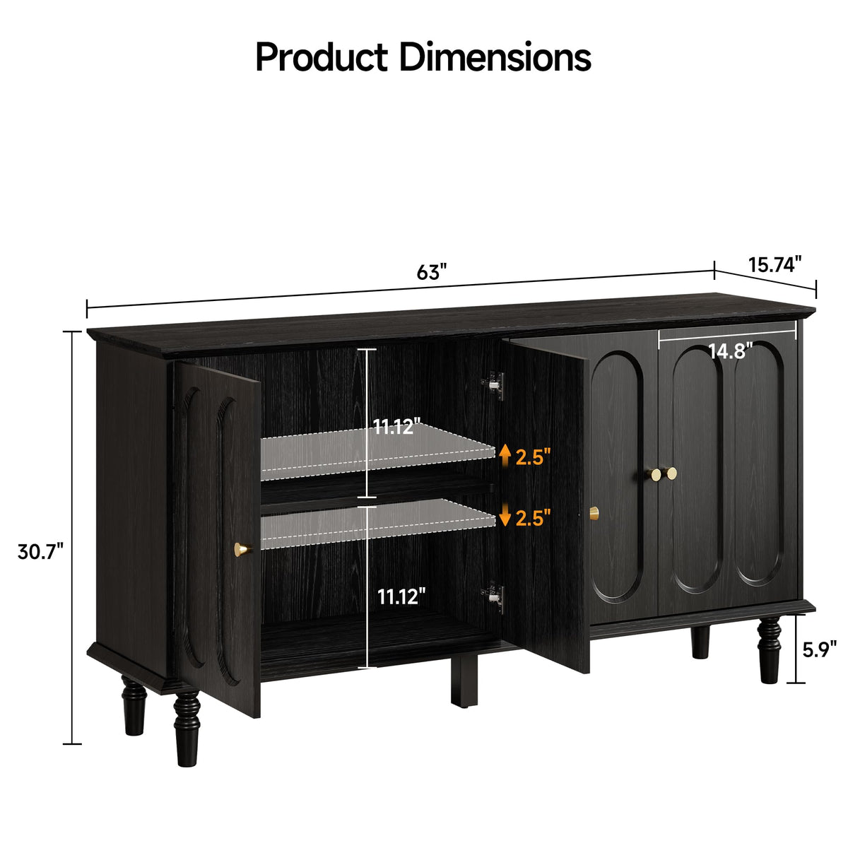 63 Inch Buffet Cabinet with Arched Doors
