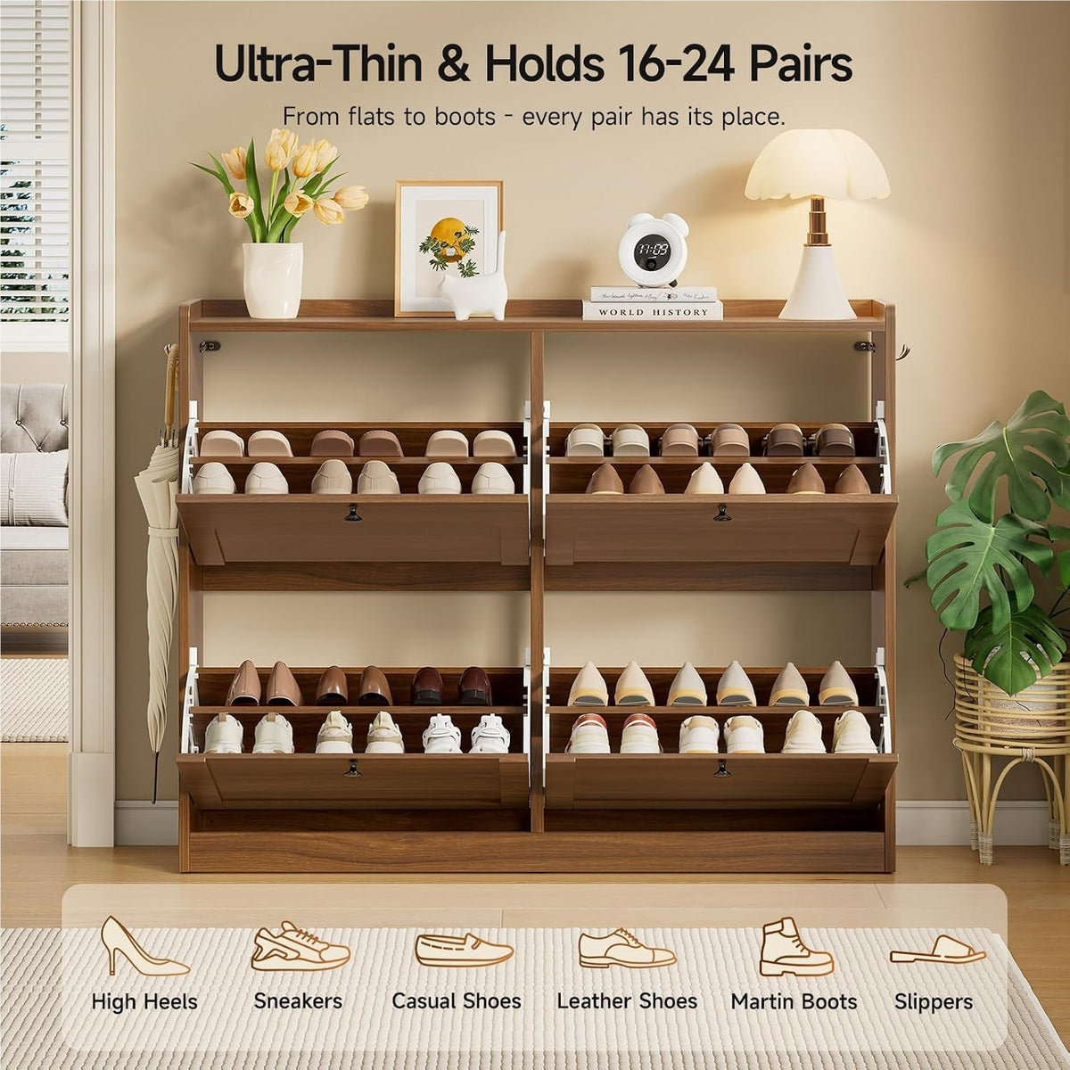 Narrow Shoe Cabinet with 4 Flip Drawers, 16-24 Pairs