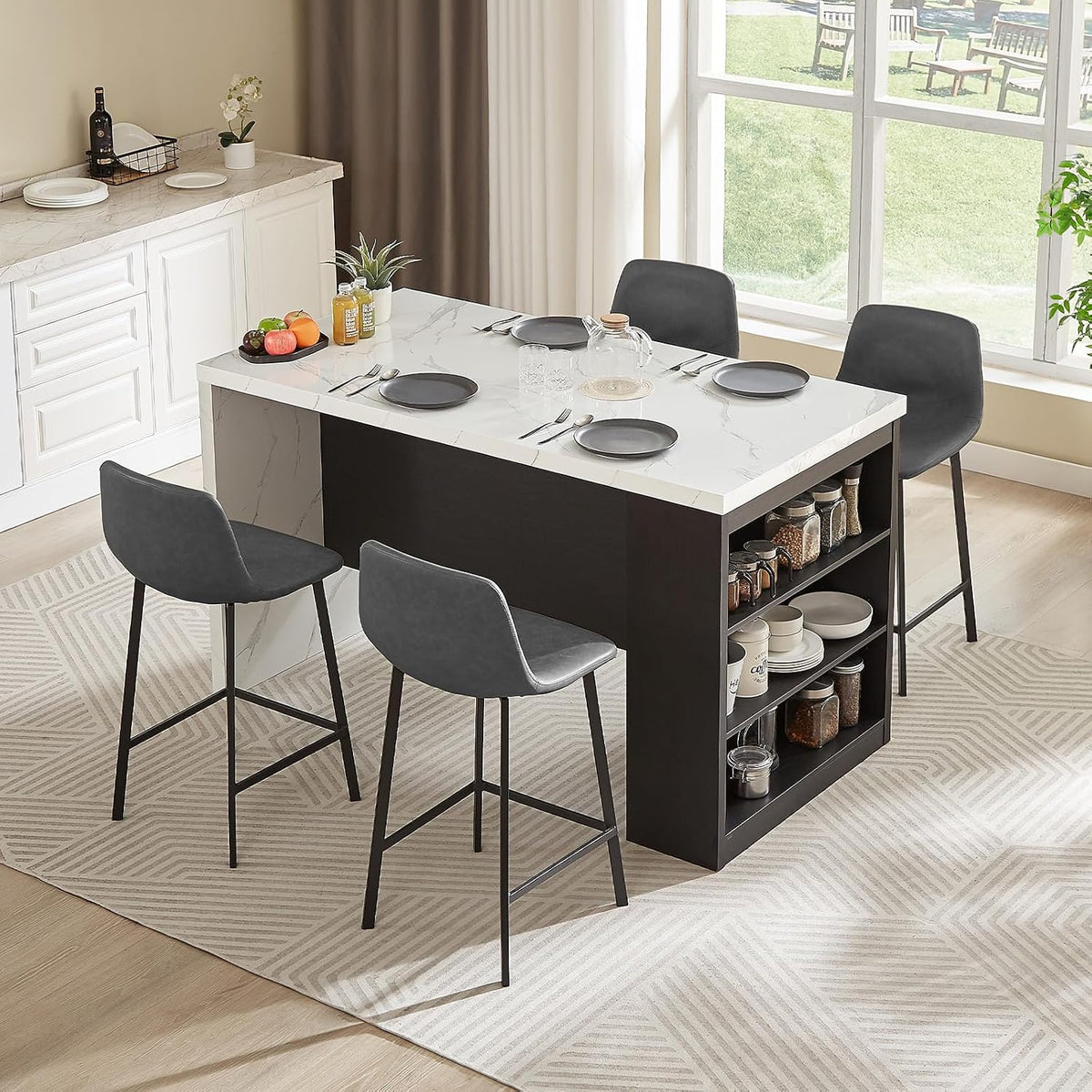 Kitchen Island Table with Faux Marble Top and LED Lights
