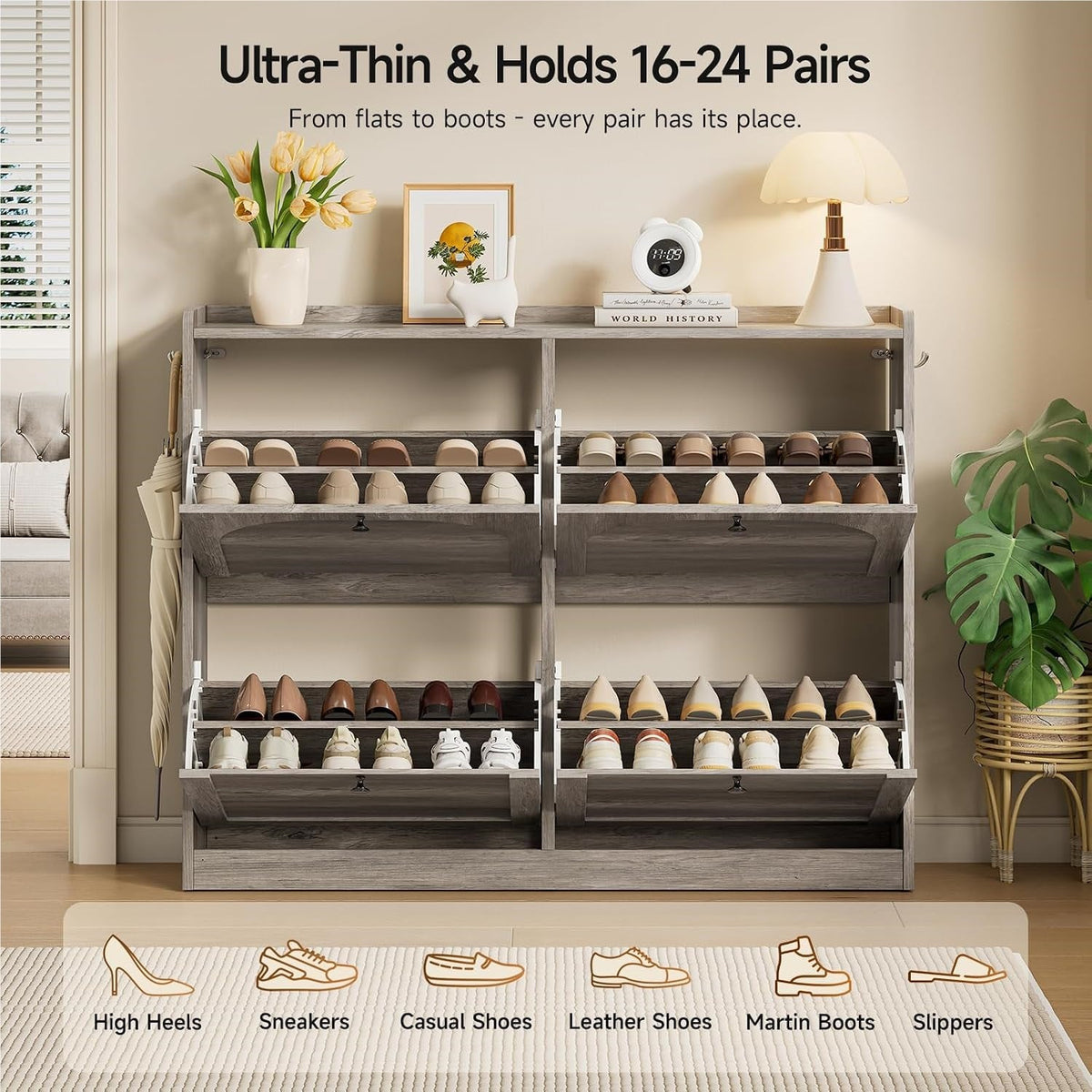 Narrow Shoe Cabinet with 4 Flip Drawers, 16-24 Pairs