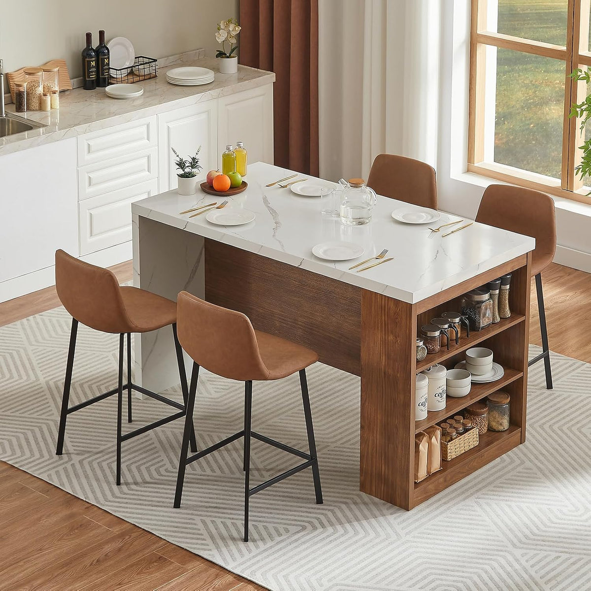 Kitchen Island Table with Faux Marble Top and LED Lights