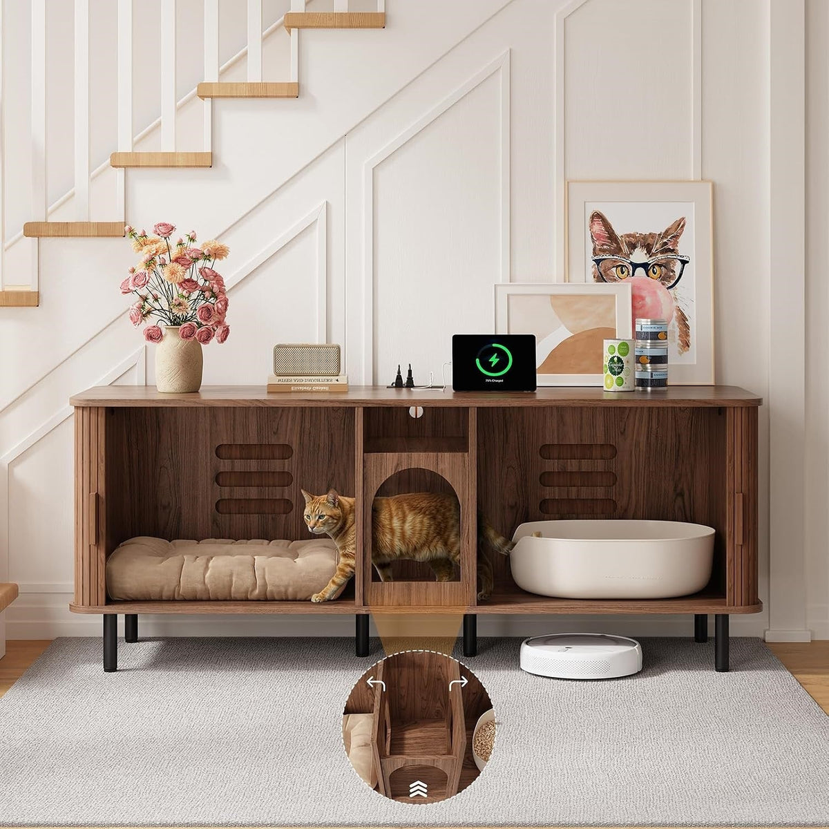Cat Litter Box Enclosure for 2 Cats with Double Room