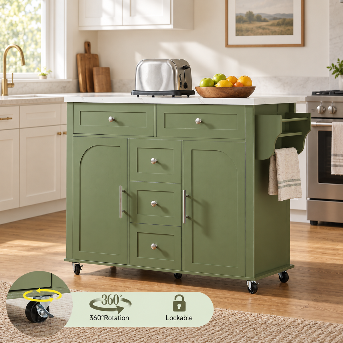 47 Inch Rolling Kitchen Island with Drop Leaf