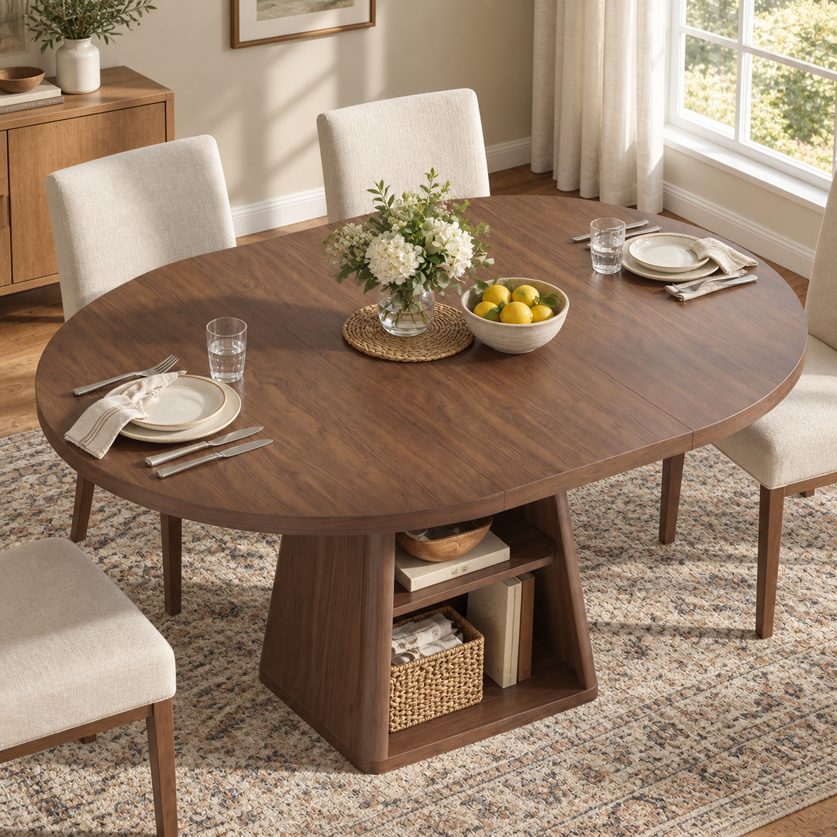 43-59 Inch Extendable Oval Dining Table with Storage