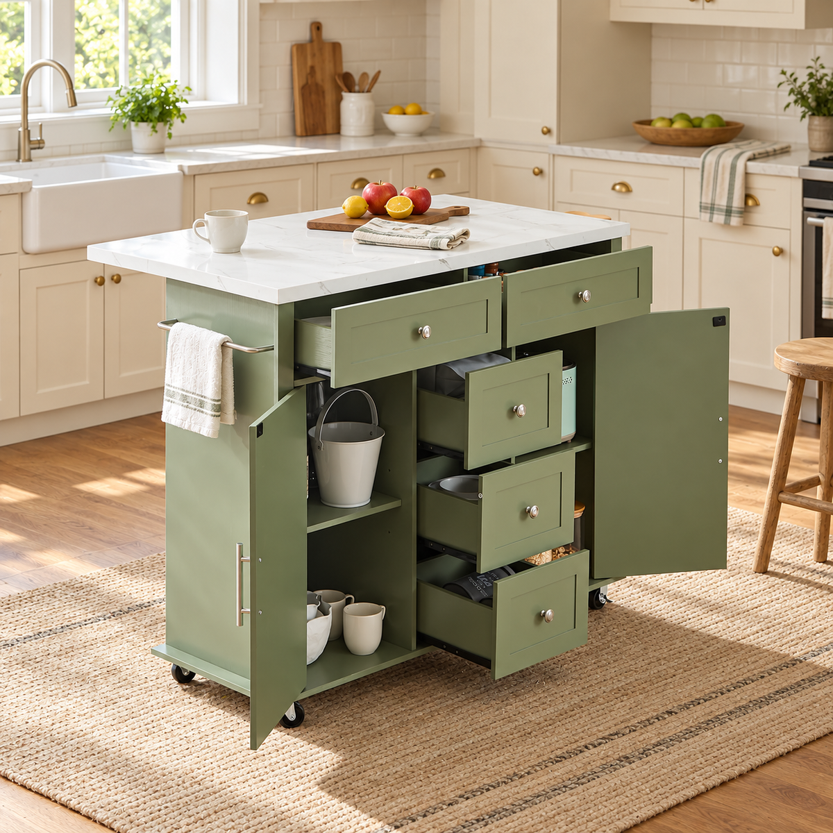 47 Inch Rolling Kitchen Island with Drop Leaf