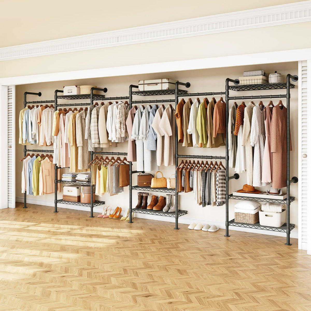 Wall Mounted Closet System with 6 Rods and 9 Shelves