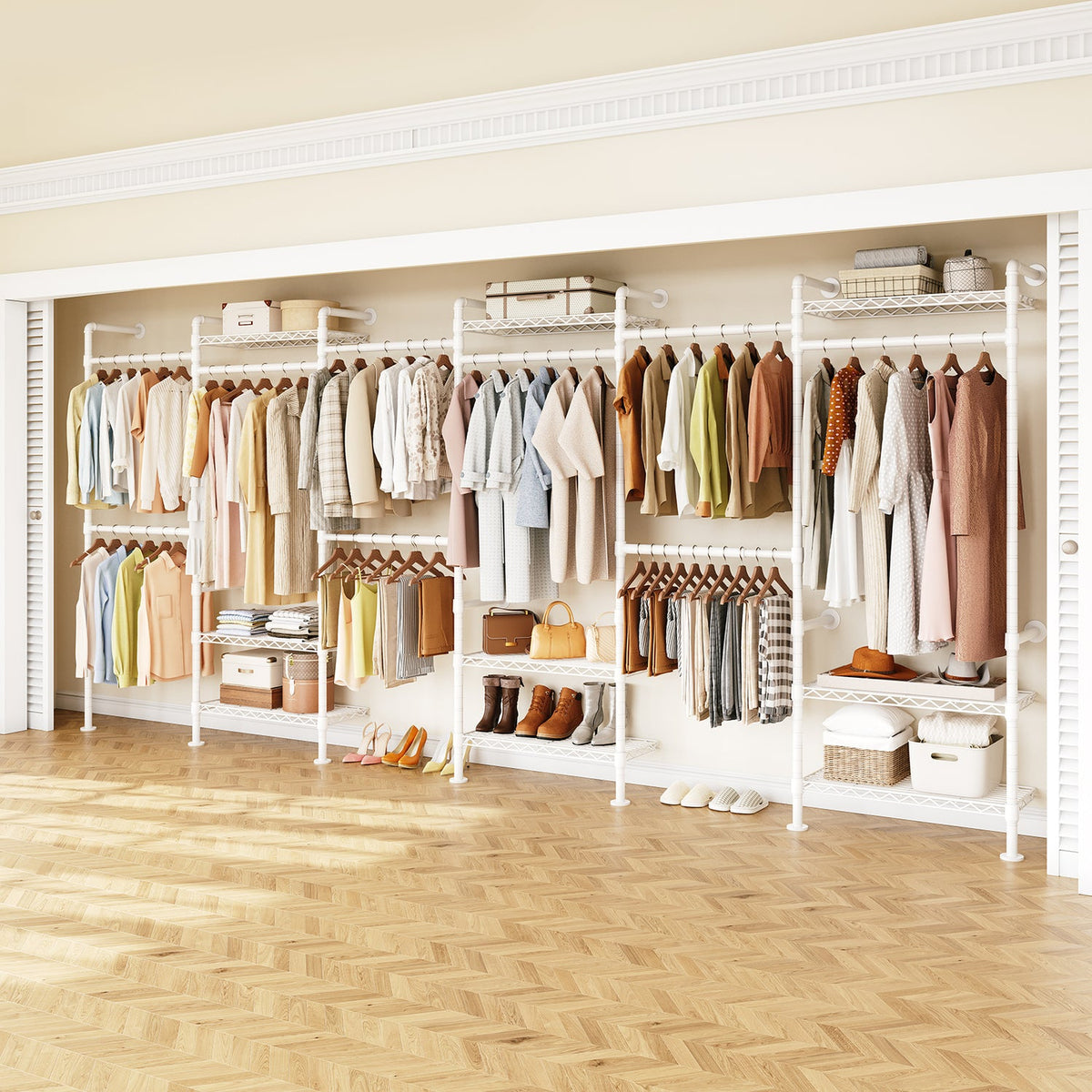 Wall Mounted Closet System with 6 Rods and 9 Shelves