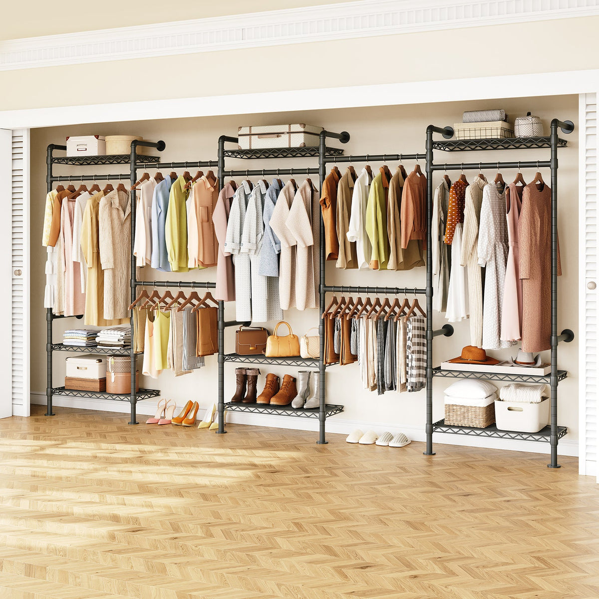 Wall Mounted Closet System with 4 Rods and 9 Shelves