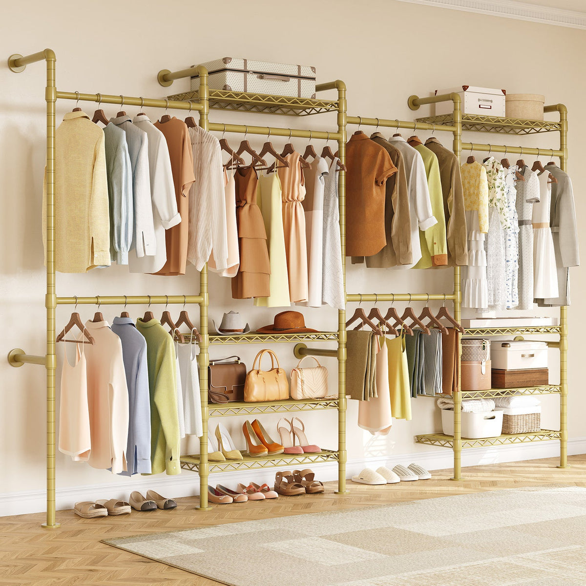 Wall Mounted Closet System with 4 Rods and 8 Shelves
