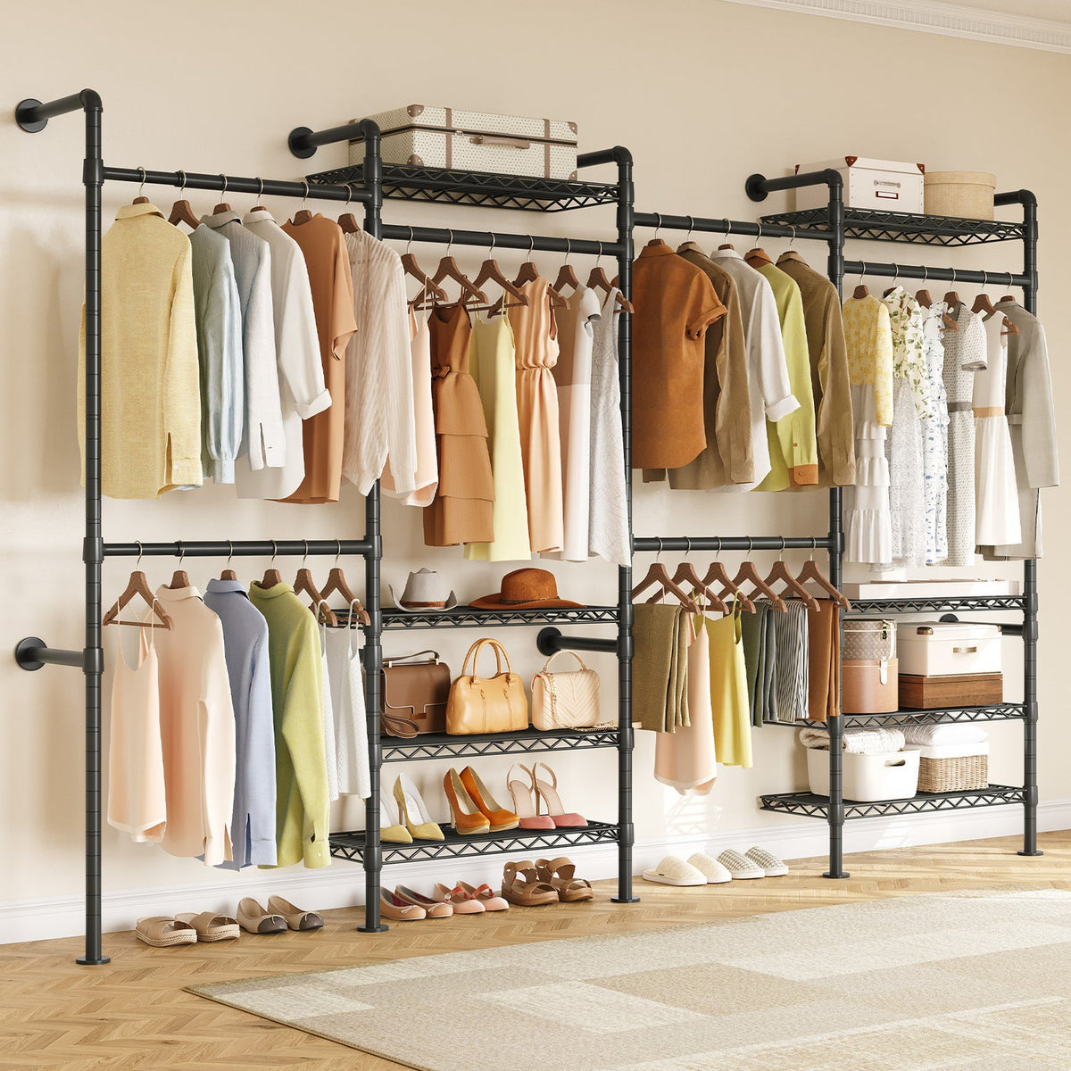 Wall Mounted Closet System with 4 Rods and 8 Shelves