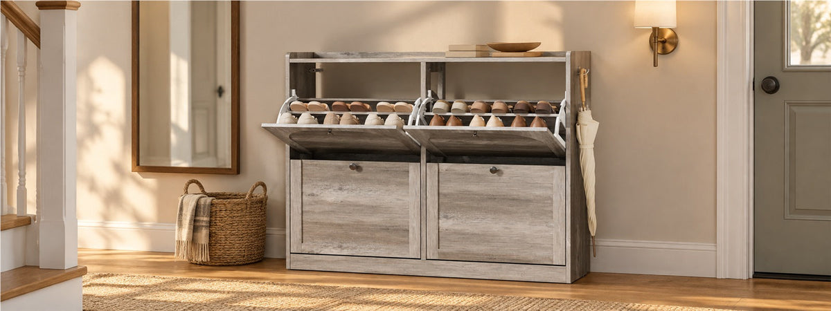 Narrow Shoe Cabinet with 4 Flip Drawers, 16-24 Pairs