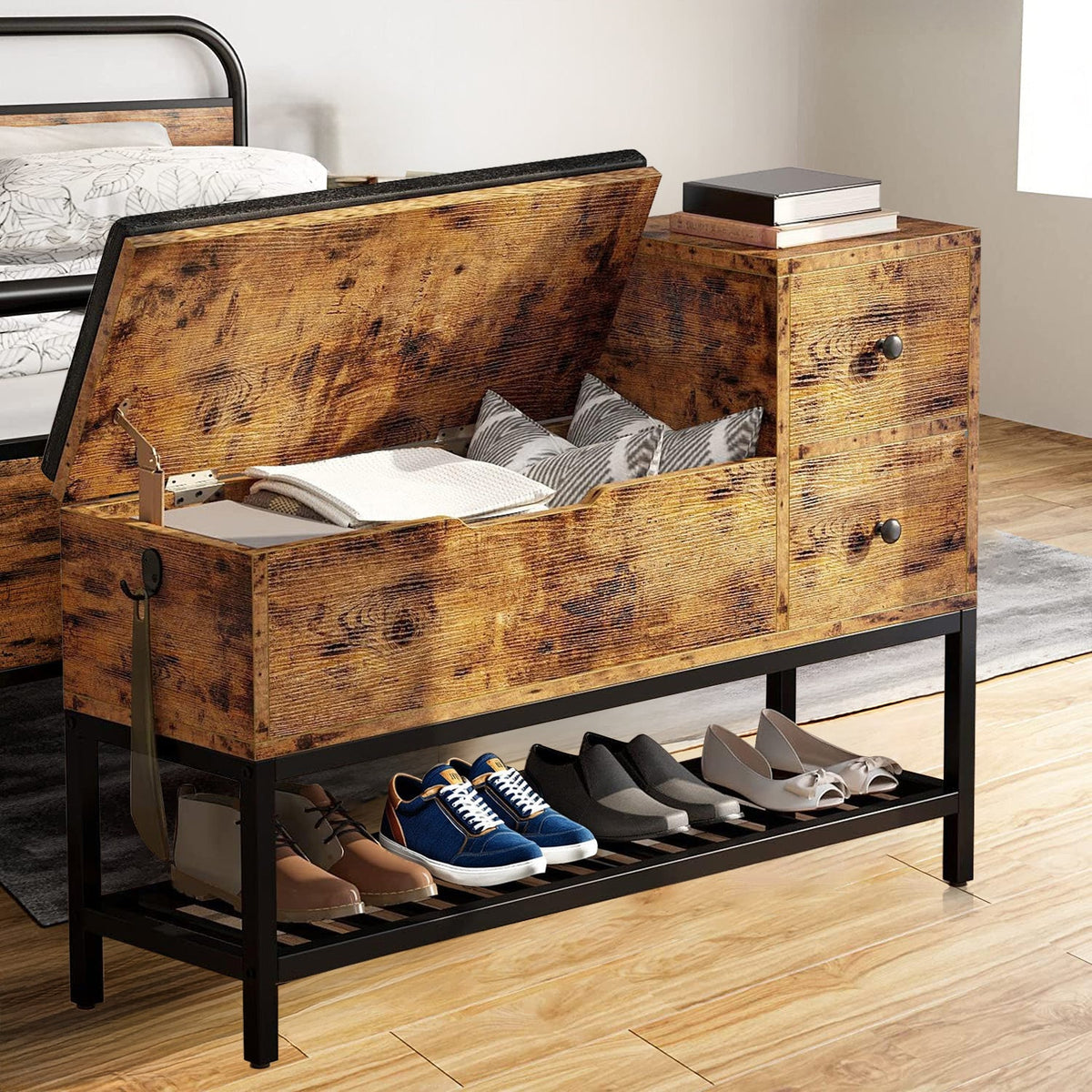 Entryway Bench with Shoe Rack and Flip Top Box