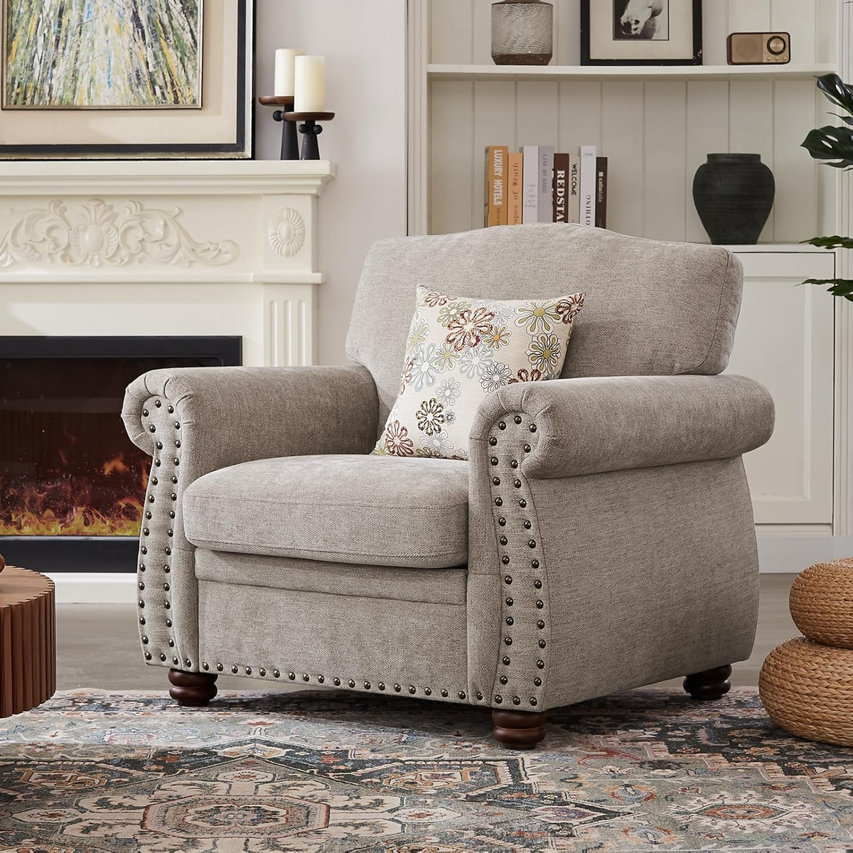 Chenille Nailhead Armchair with Rolled Arms