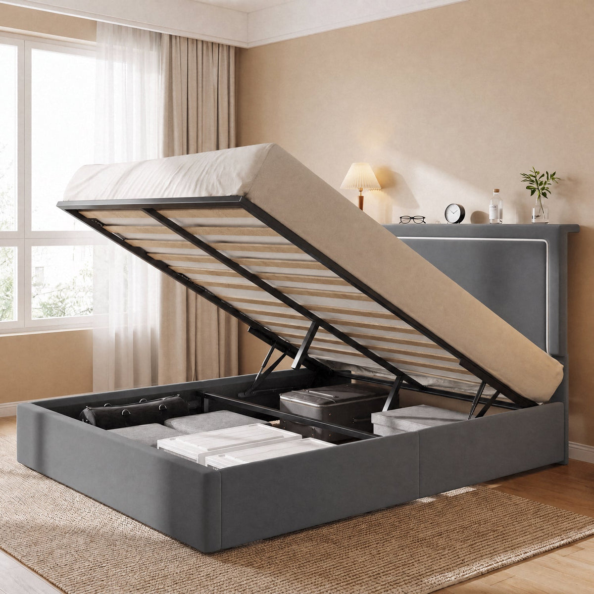 Lift Up Storage Bed with LED Lights and Charging Station
