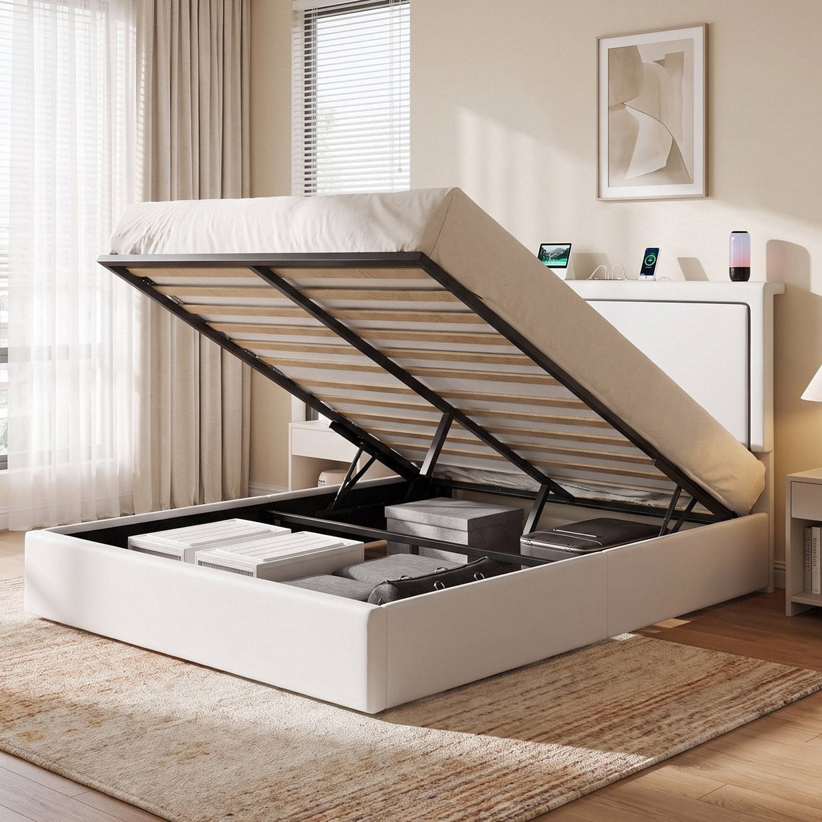 Lift Up Storage Bed with LED Lights and Charging Station