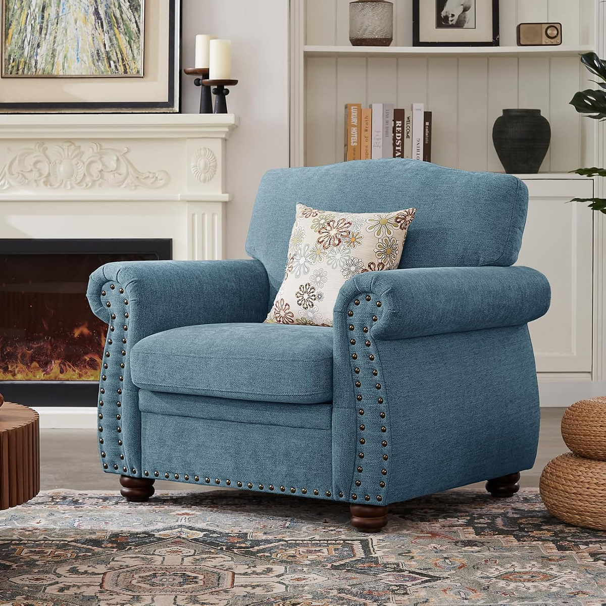Chenille Nailhead Armchair with Rolled Arms