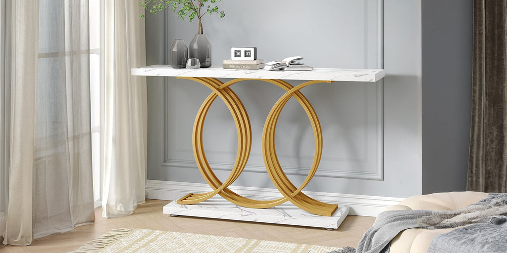 55" Marble Pattern Entryway Table with Metal Legs