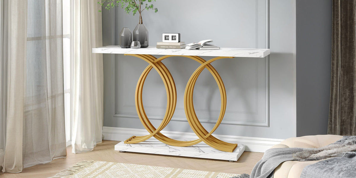 55" Marble Pattern Entryway Table with Metal Legs