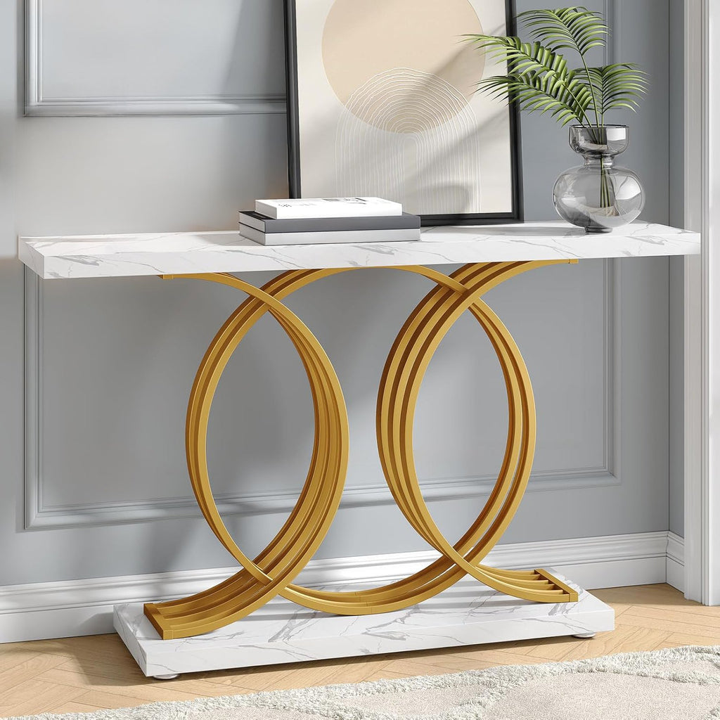 55" Marble Pattern Entryway Table with Metal Legs
