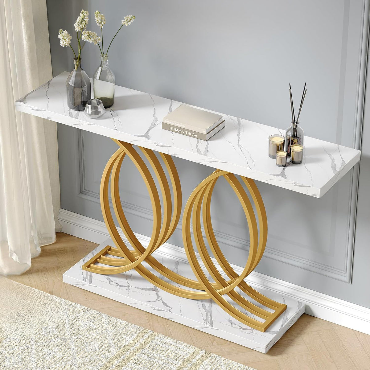 55" Marble Pattern Entryway Table with Metal Legs