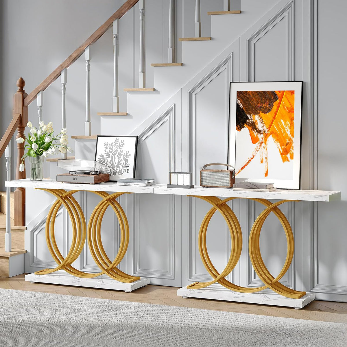 55" Marble Pattern Entryway Table with Metal Legs