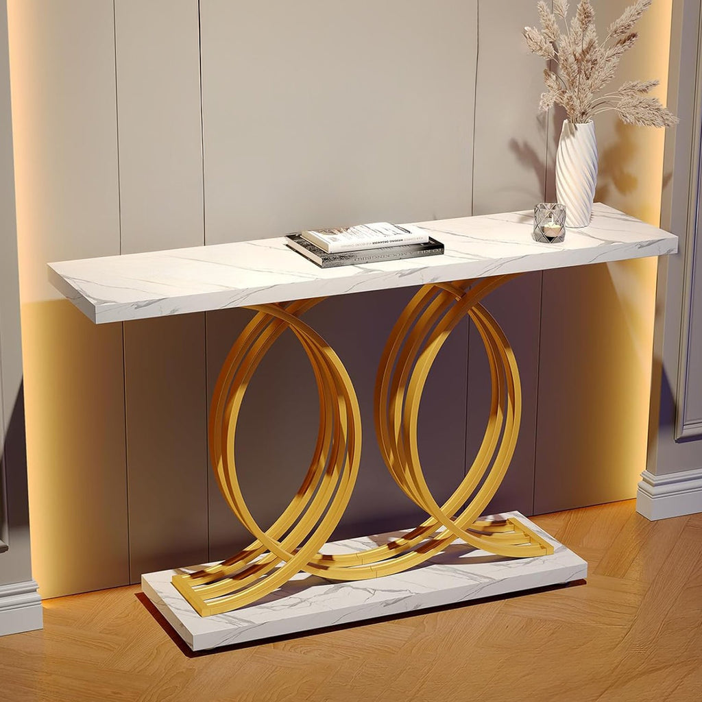 55" Marble Pattern Entryway Table with Metal Legs