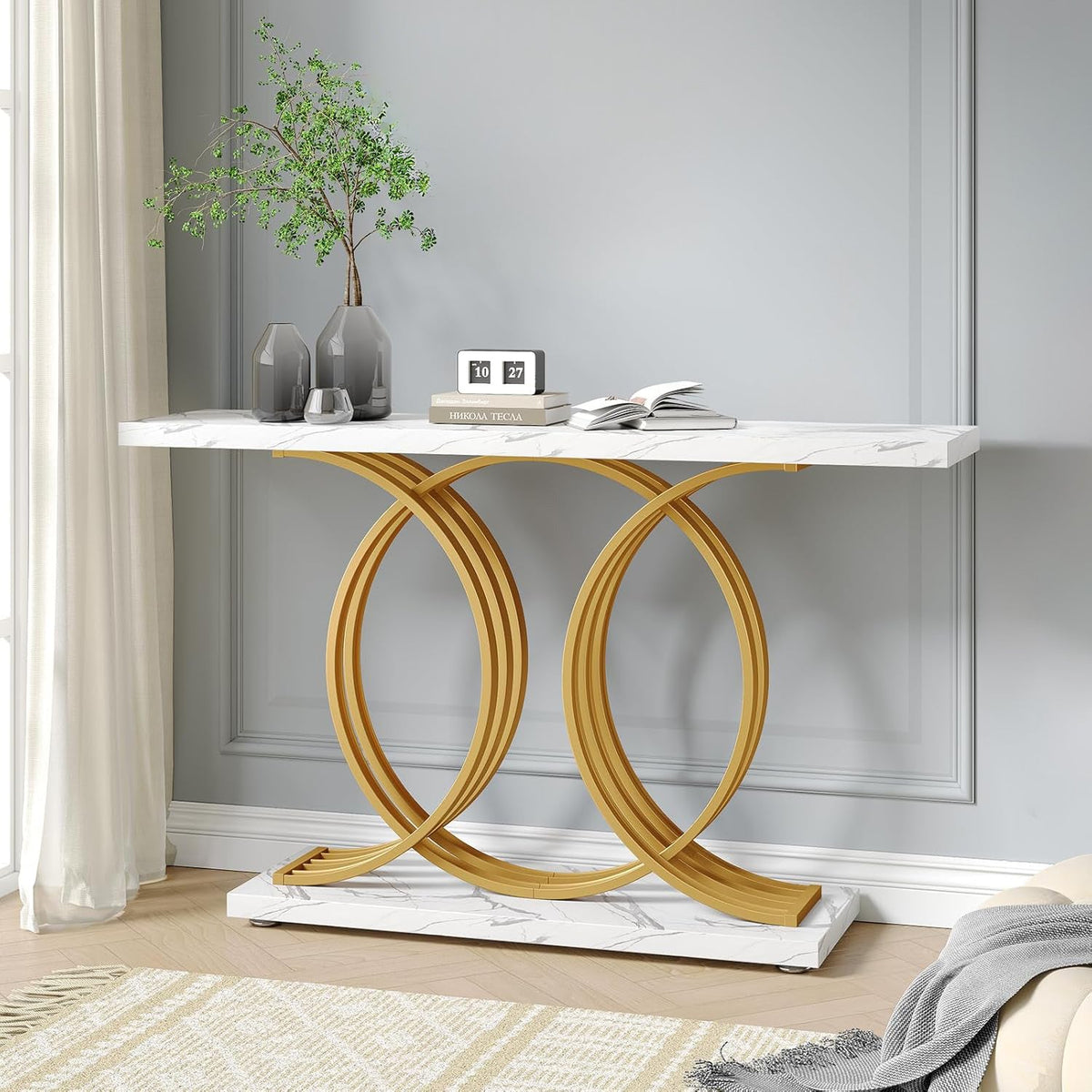 55" Marble Pattern Entryway Table with Metal Legs