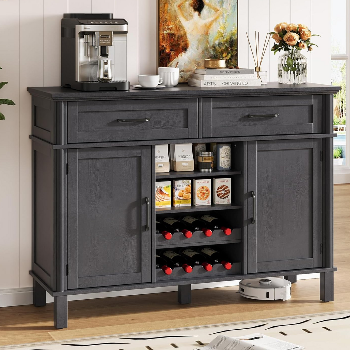 48" Buffet Cabinet with 2 Wine Racks and 2 Drawers