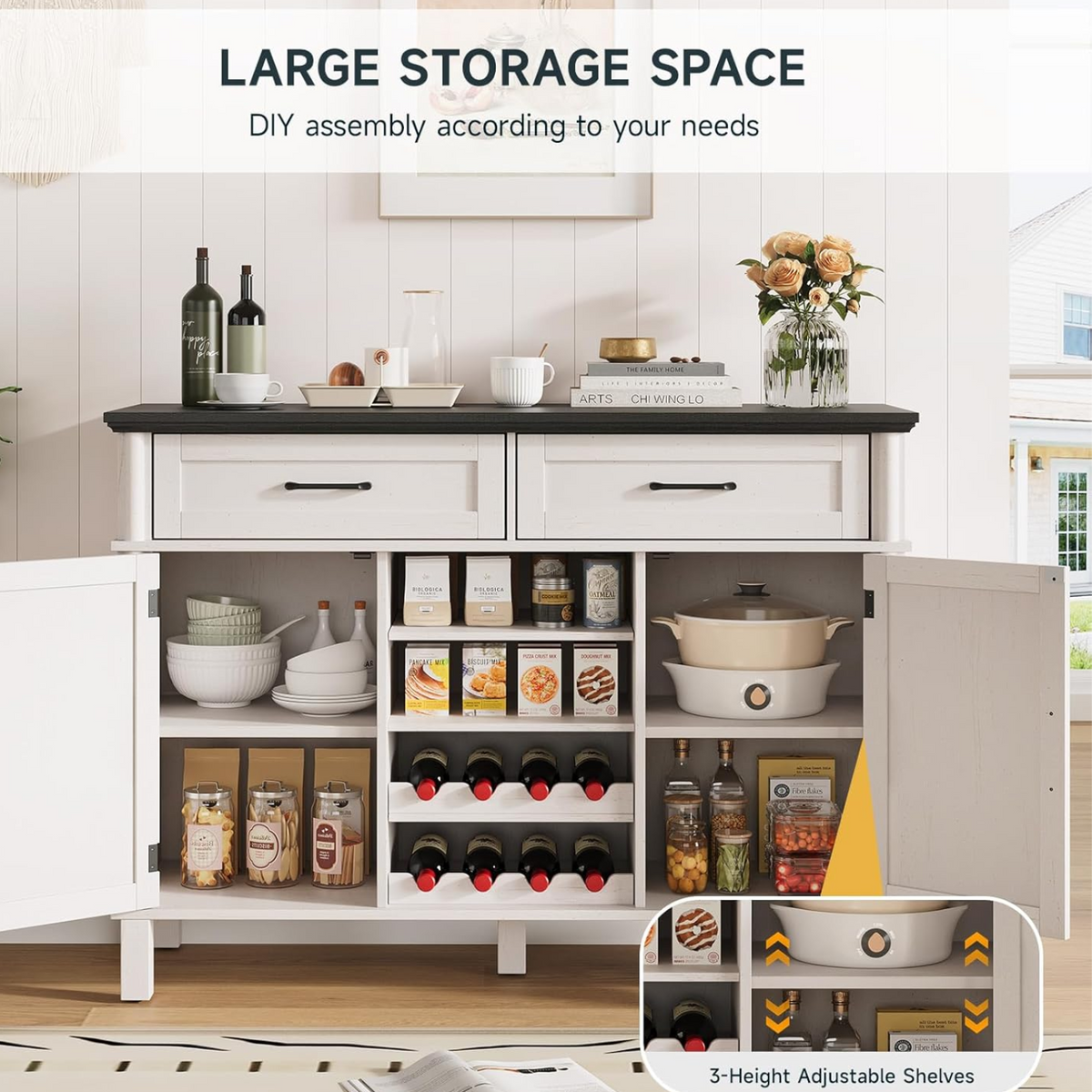 48" Buffet Cabinet with 2 Wine Racks and 2 Drawers