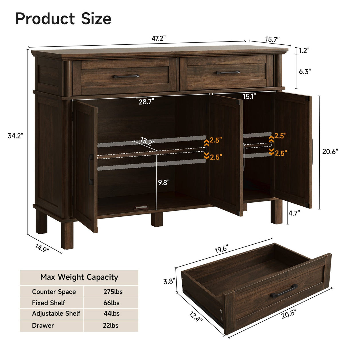 Wood Buffet Sideboard with 2 Drawers and 3 Doors