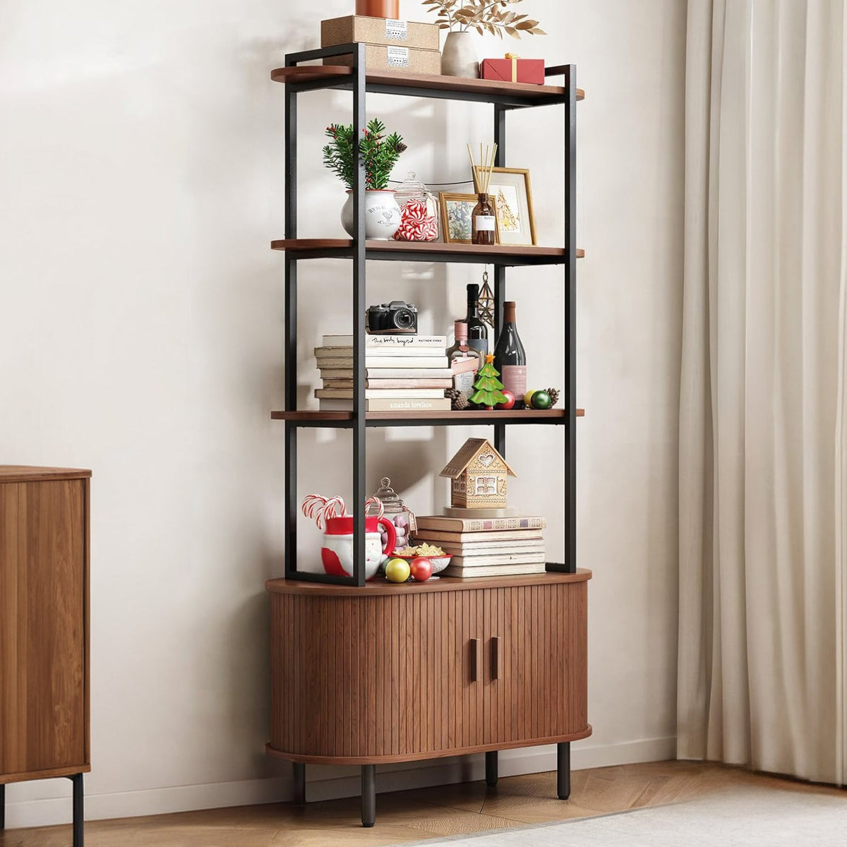 71" Modern 4-Tier Bookshelf with Sliding Door