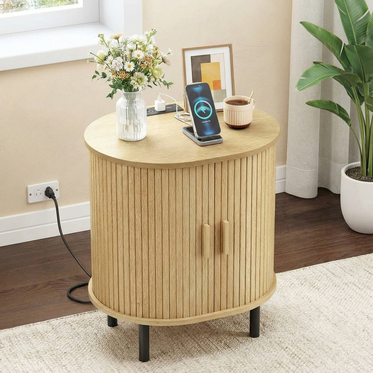 Side Table Nightstand with Charging Station