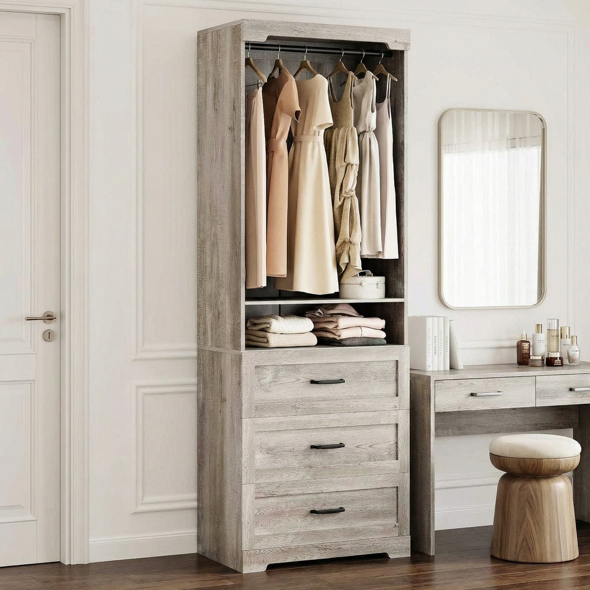 Freestanding Closet System with 3 Drawers and Rod