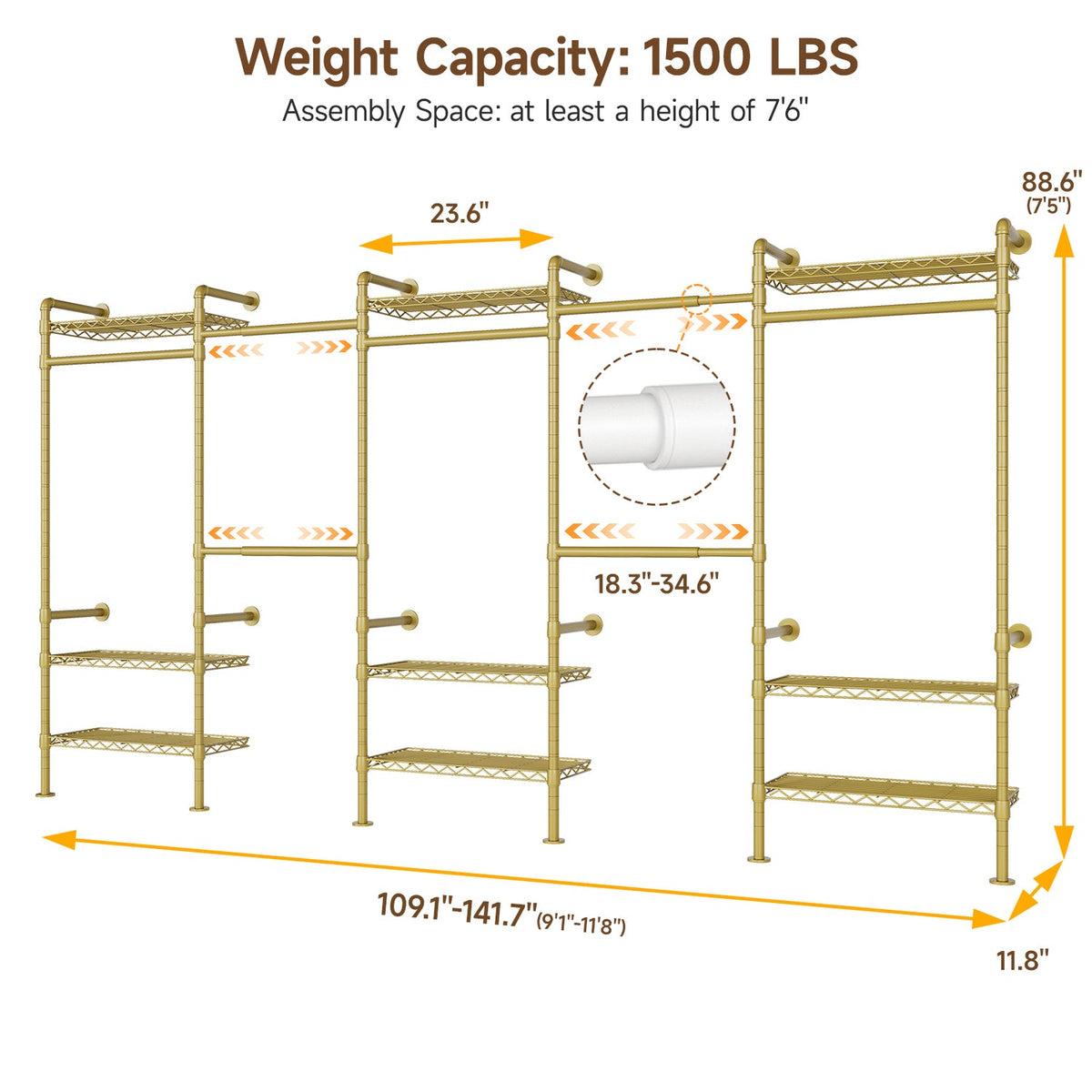 Wall Mounted Closet System with 4 Rods and 9 Shelves