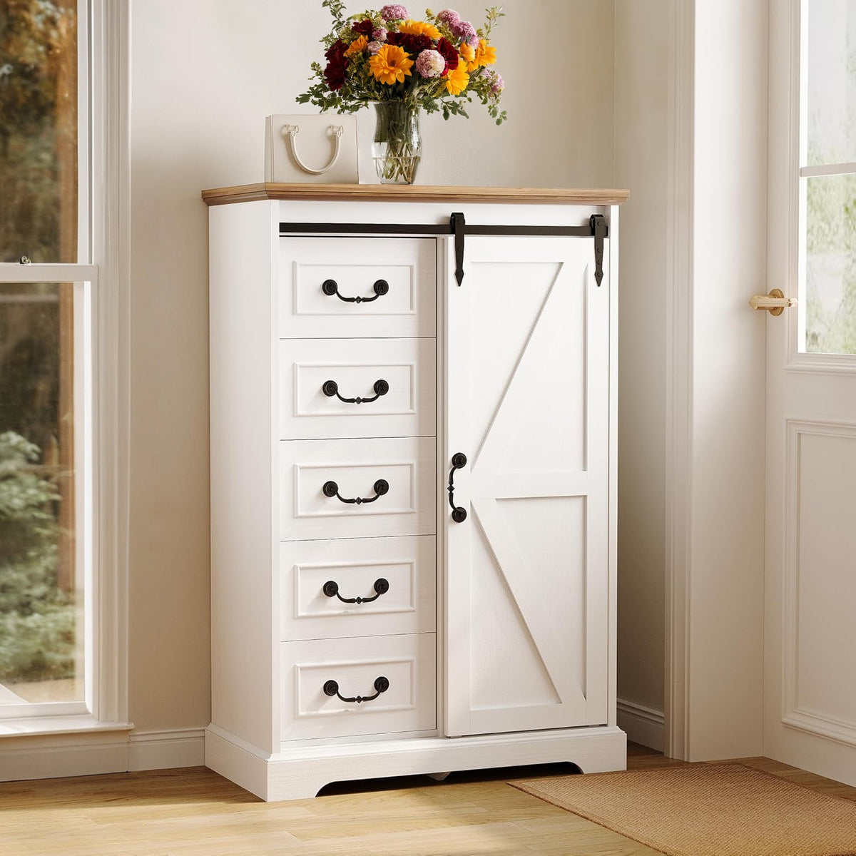 48 Inch 5 Drawer Dresser with Sliding Barn Doors