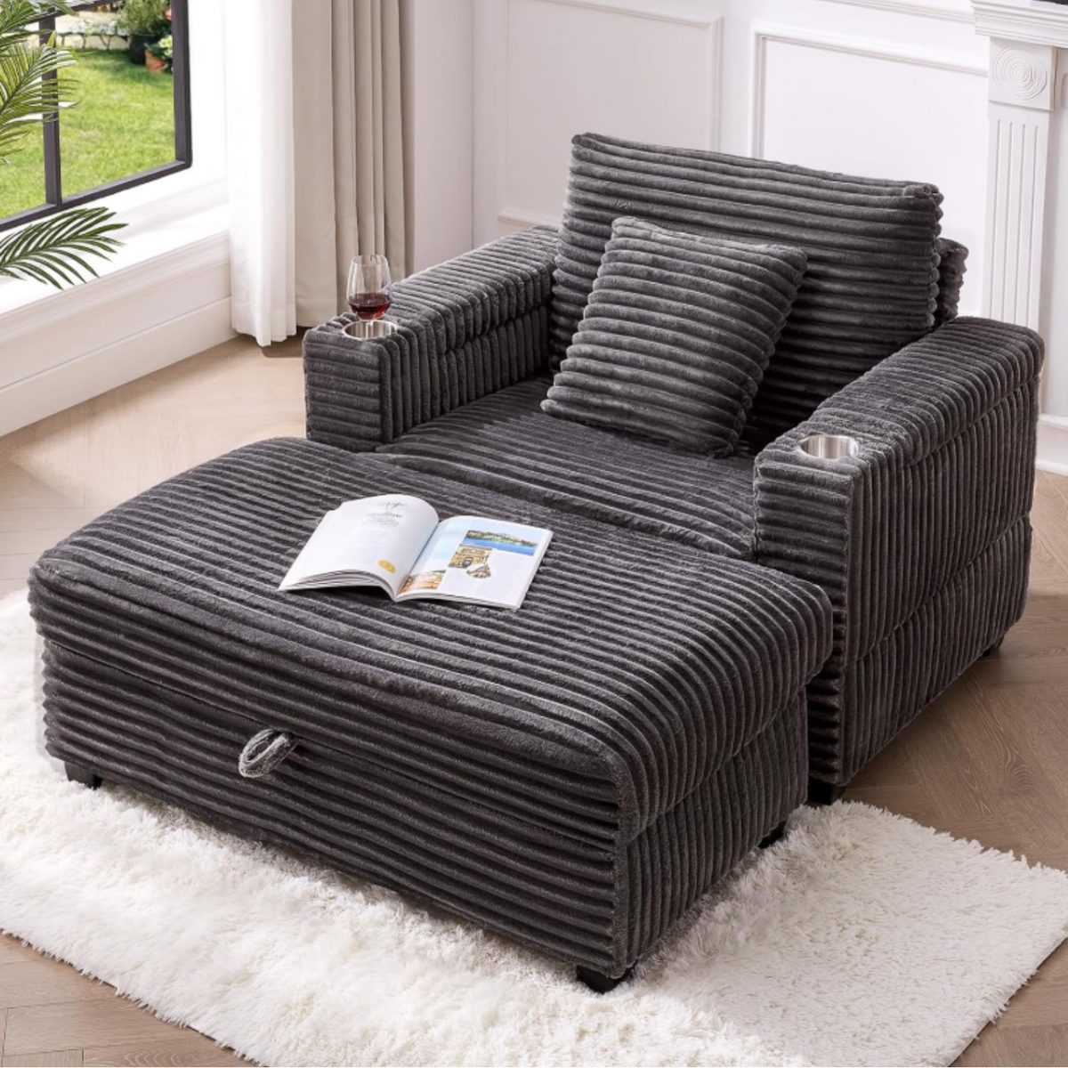 Oversized Corduroy Accent Chaise Chair with Ottoman