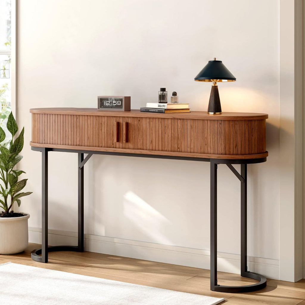 55-Inch Fluted Console Table with Sliding Tambour Doors