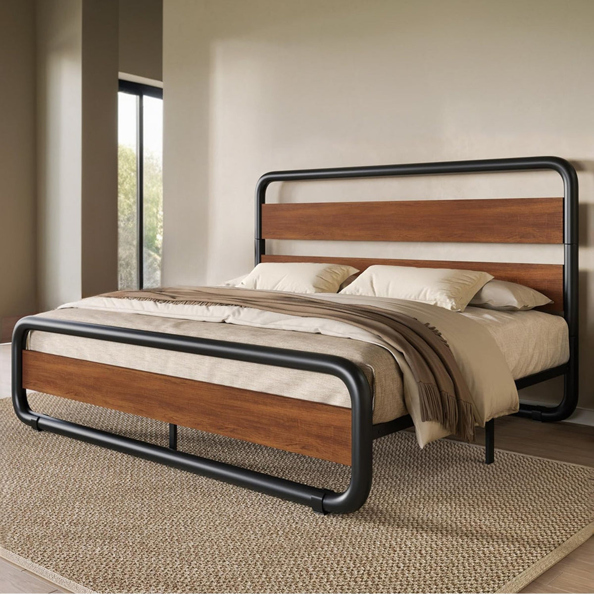 Metal Platform Bed Frame with Wooden Headboard