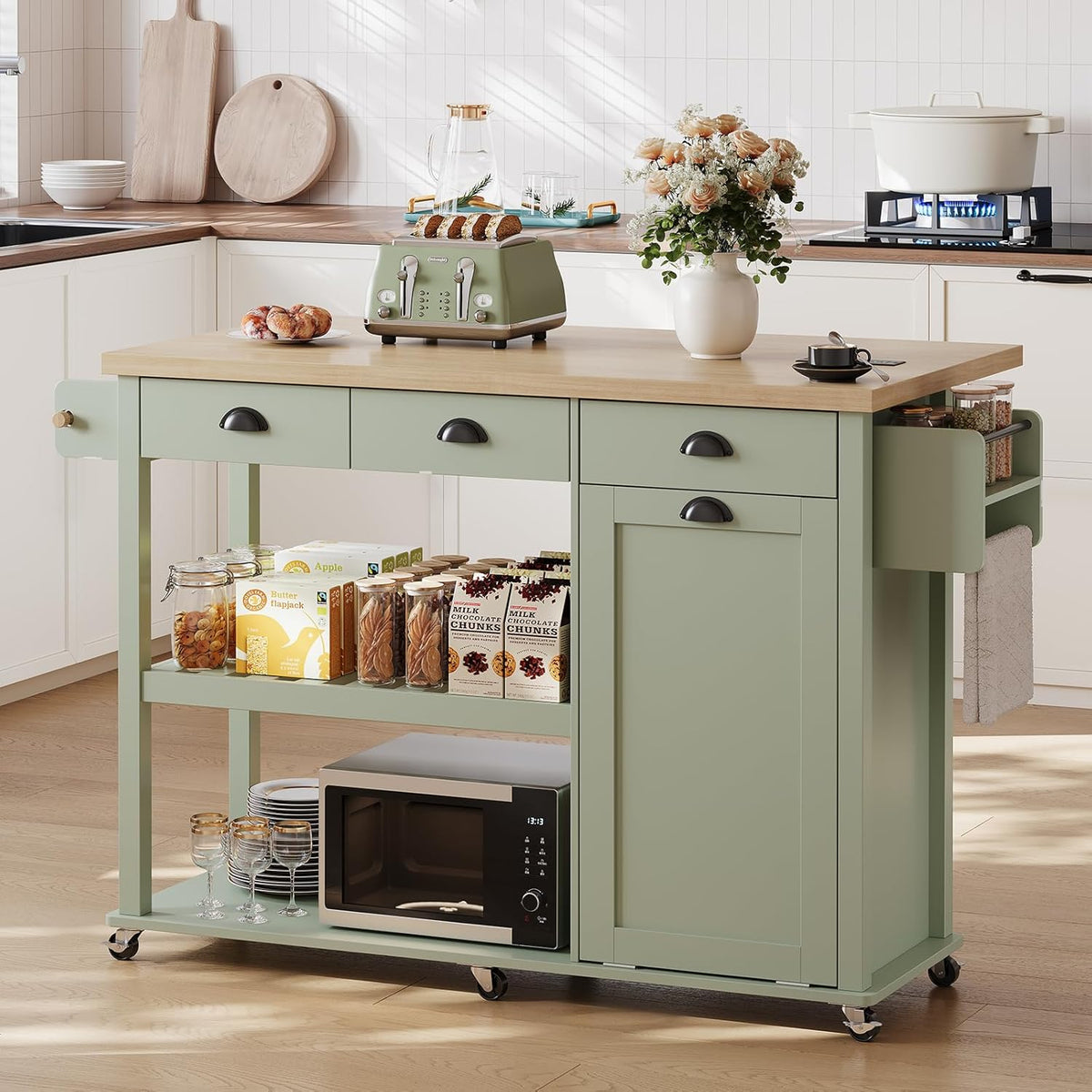 56 Inch Rolling Kitchen Island with Drop Leaf and 3 Drawers