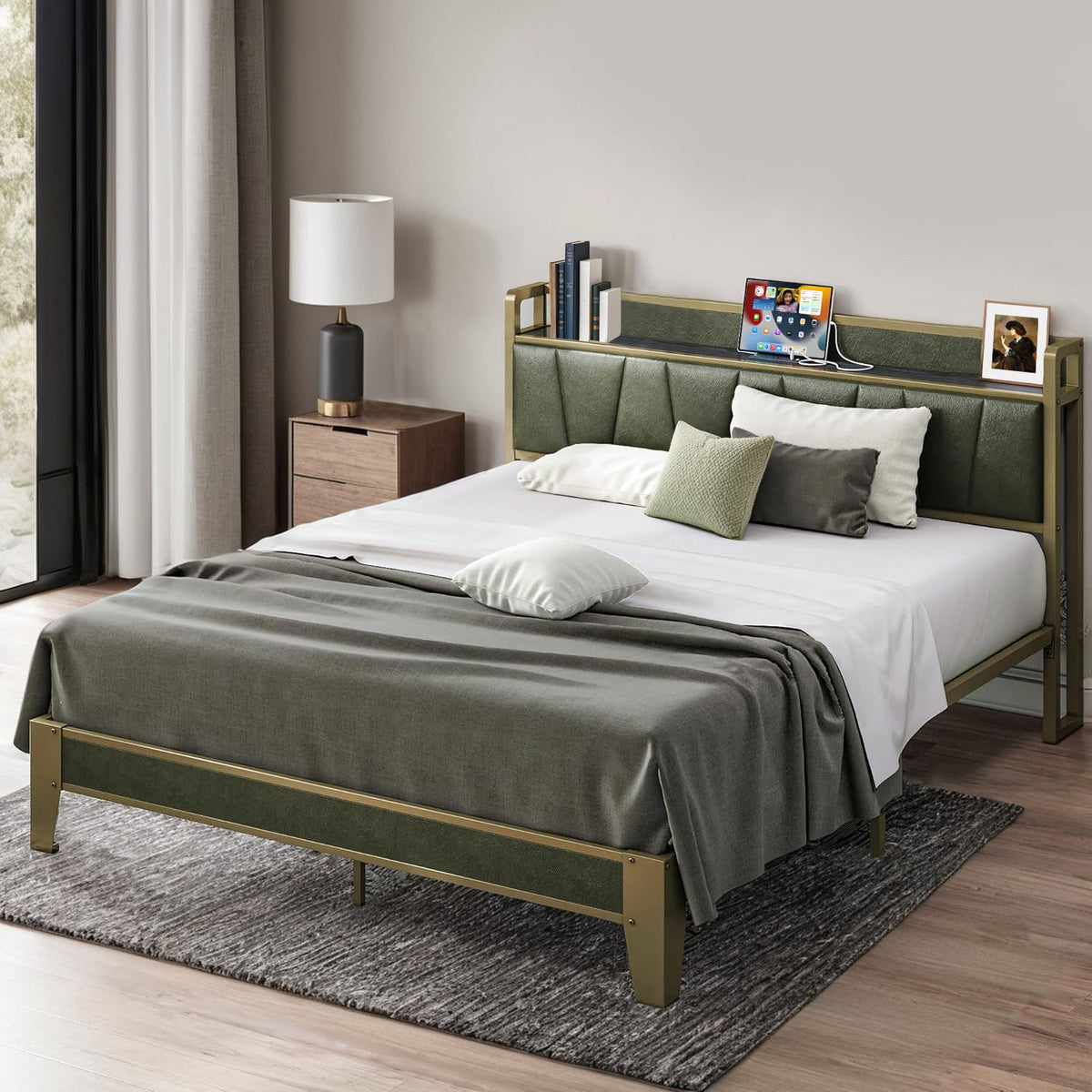 Upholstered Storage Bed Frame with Charging Station