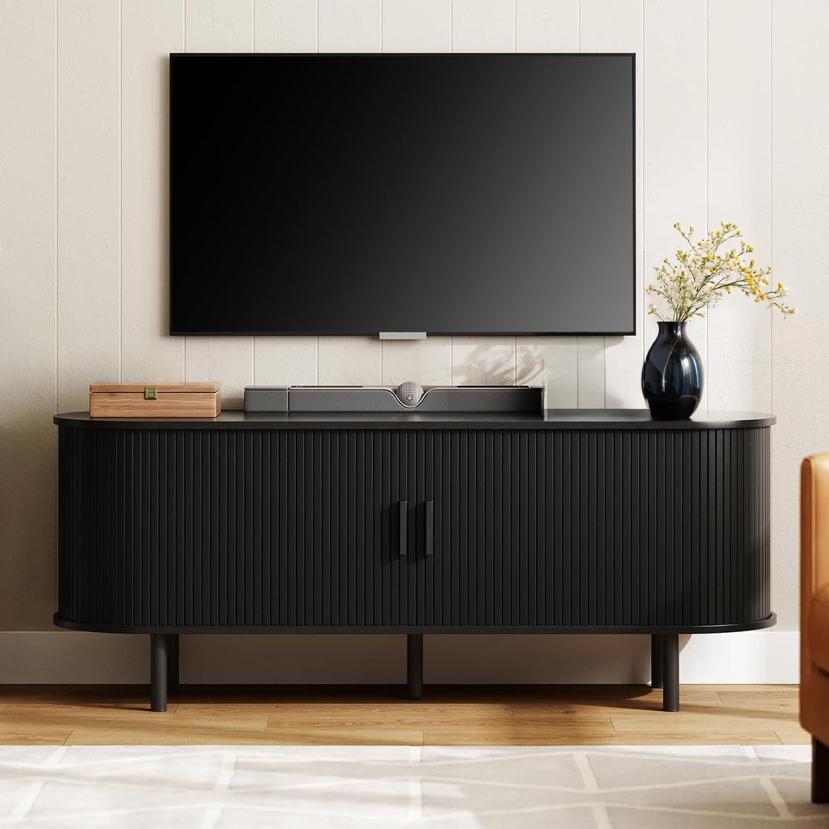 55 Inch TV Cabinet with Sliding Doors and Storage