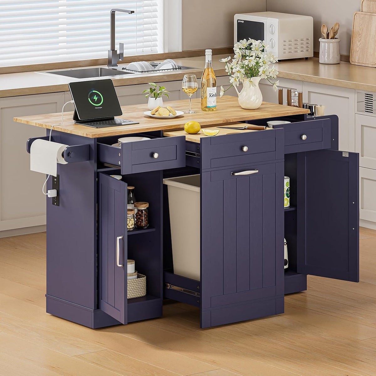 61 Inch Rolling Kitchen Island with Cutting Board