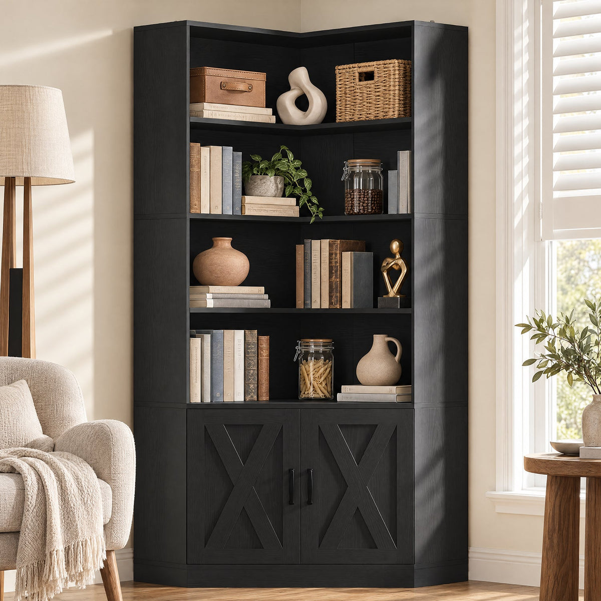 72.7-Inch Tall Corner Bookshelf with Door, 6-Tier