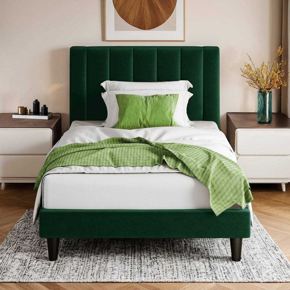Twin Velvet Platform Bed with Channel Tufted Headboard